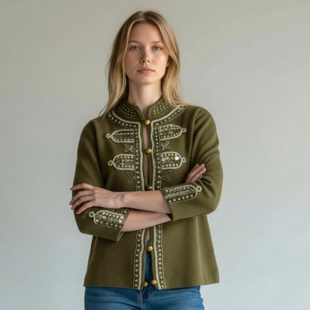 Chico's Olive Green Embroidered Cardigan Jacket
